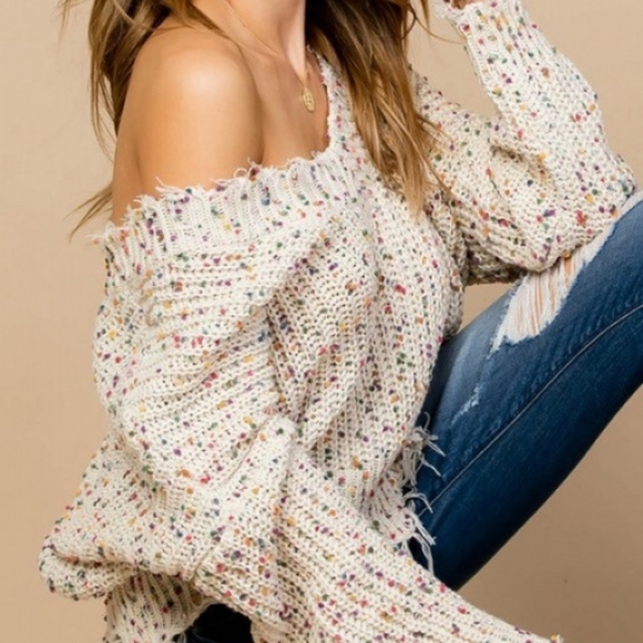 Re/Chic Apparel Sweaters - Confetti Frayed Long Sleeve V Neck Sweater